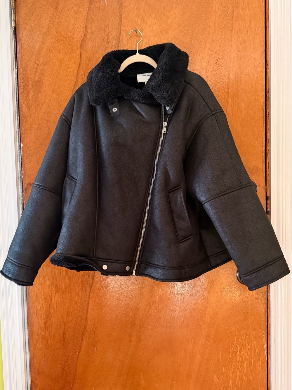 Topshop Black Faux-Shearling Oversized Aviator Jacket L